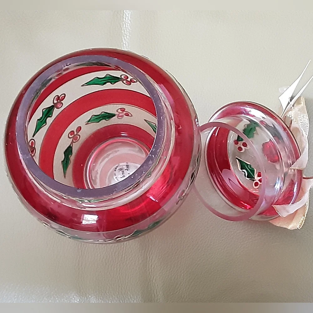 Crystal Temptations Stained Glass Christmas Holly|Berry Covered Candy Jar - Vtg